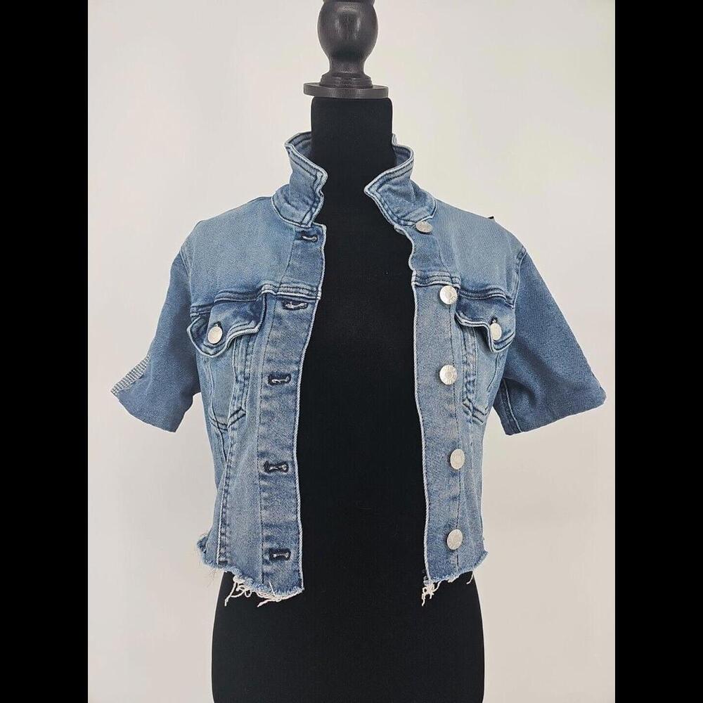 VTG 80s Georges Marciano Guess Denim Crystal Sleeve Jacket Sz Small Crop Snap